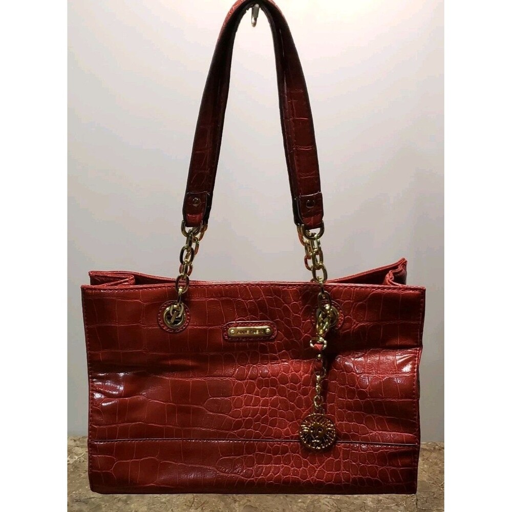 Anne Klein Coast Is Clear Purse Shoulderbag Tote Handbag Scarlet Red Gold Chain